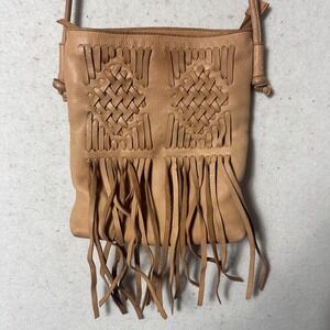 Cut & Paste purse Fringe‎ Crossbody Leather brown tan crosshatch design